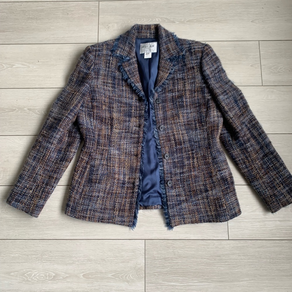 Oscar De La Renta Blue Tweed Fringe Blazer 10